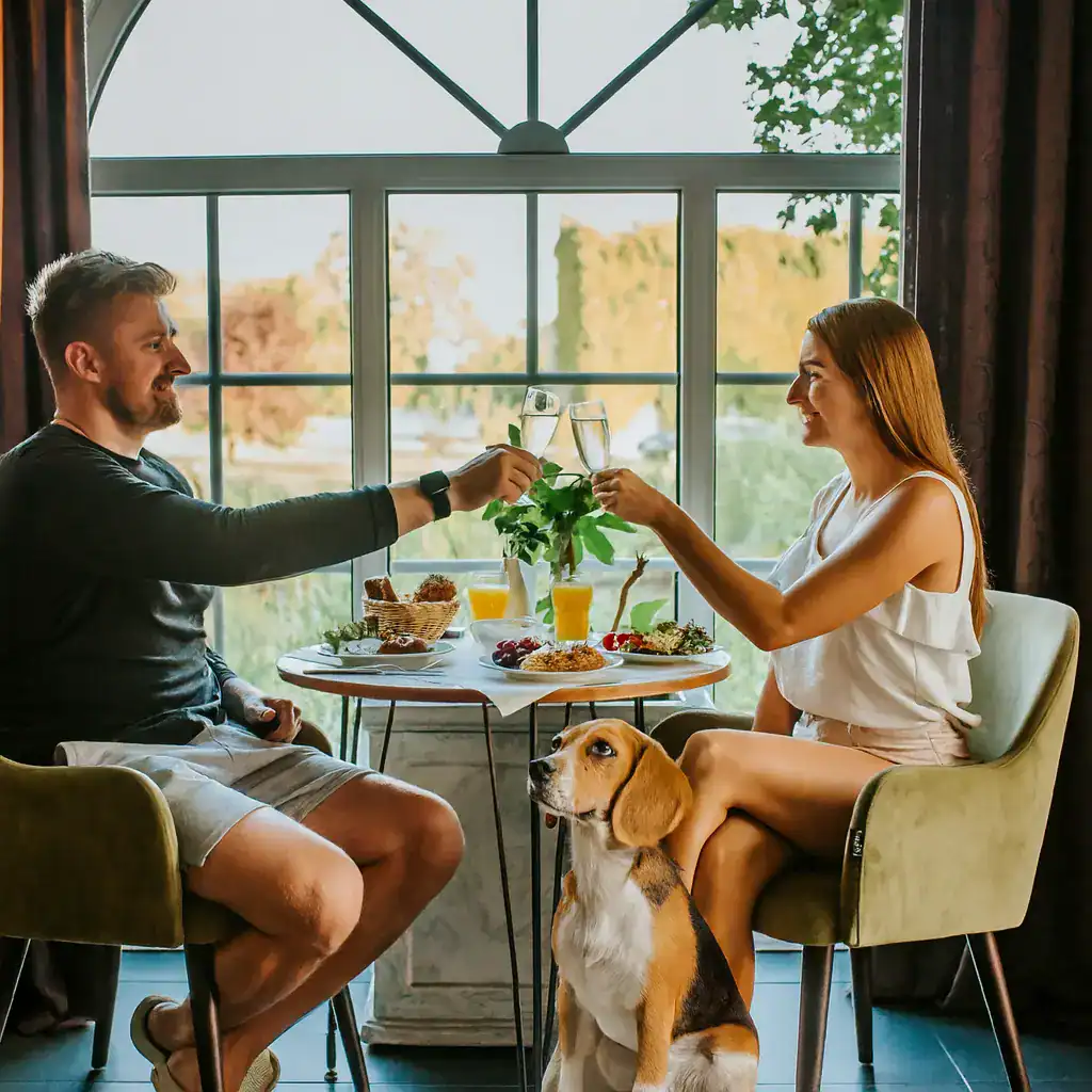 Hund beim Frühstück im Hotel