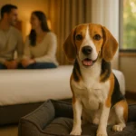 Hund sitzt in einem Hotelzimmer im Hundebett. Schloss Krugsdarf bei Pasewalk nahe der Uckermark