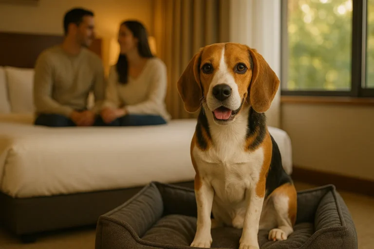 Hund sitzt in einem Hotelzimmer im Hundebett. Schloss Krugsdarf bei Pasewalk nahe der Uckermark
