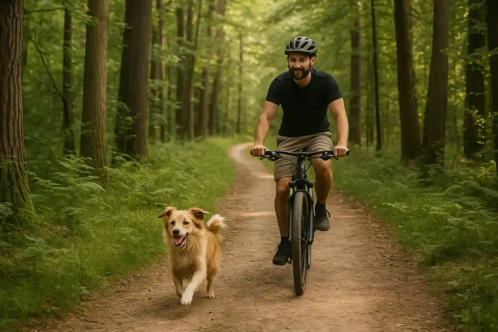 Radfahrer fährt mit einem Mountainbike durch den Wald und wird von seinem Hund begleitet.