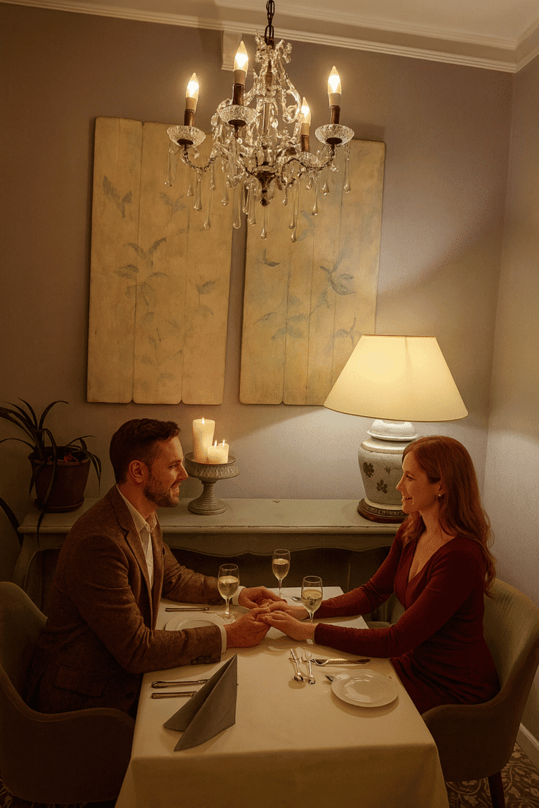 Paar sitzt zum Candlelight Dinner im Restaurant Schloss Krugsdorf bei Pasewalk