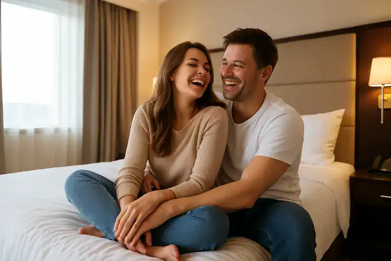 Lächelndes Paar im Hotelzimmer, entspannt und glücklich, ideal für Wellness- oder Urlaubsurlaub.