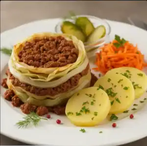 Mecklenburger Schichtkohl Hackflöeisch und Weißkohl auf einem Teller attraktiv angerichtet