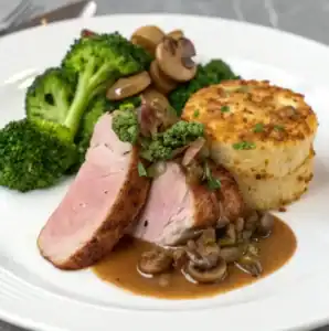 Schweinefilet rosa gebraten auf einem Teller angerichtet mit Brokkoli , Pilzen und Kartoffelgratin