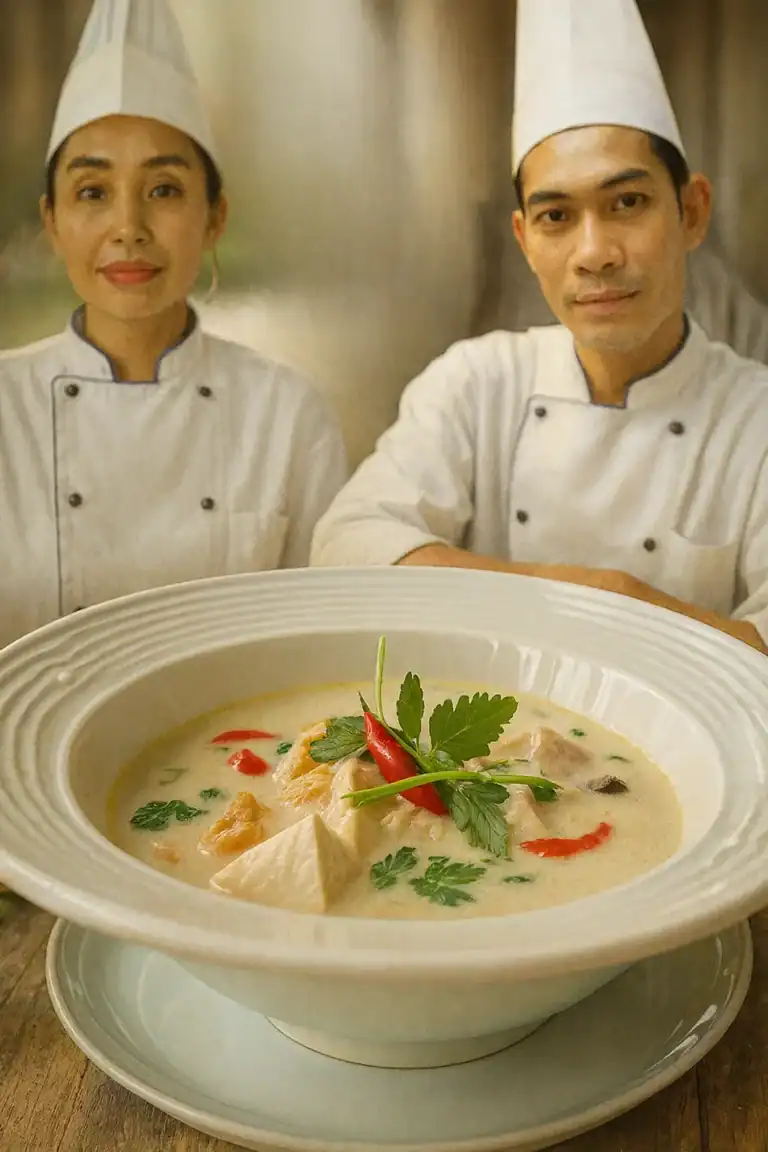 Ein thailändischer Koch und eine thailändische Köchin präsentieren stolz eine thailändische Suppe im Restaurant Schlossrestaurant Krugsdorf bei Pasewalk.