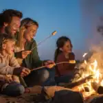 Familienzeit in Schloss Krugsdorf: Familie mit Kindern sitzt am Lagerfeuer und grillt Stockbrot