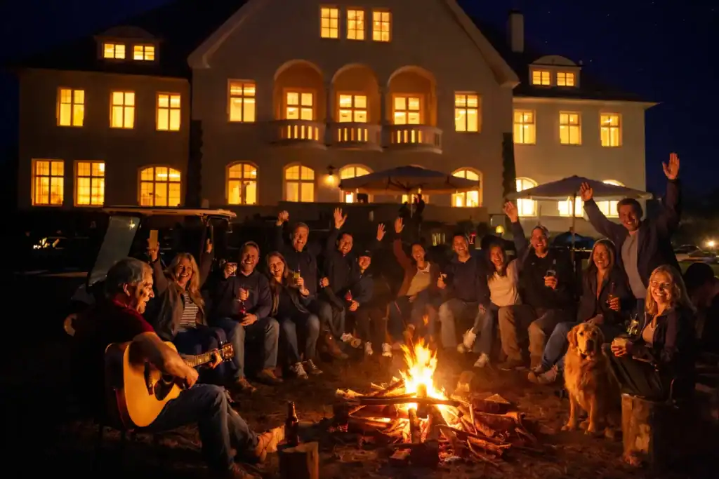 Gruppe am Lagerfeuer mit Gitarre und Hund