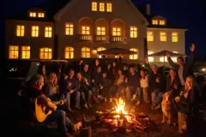 Gruppe am Lagerfeuer mit Gitarre und Hund